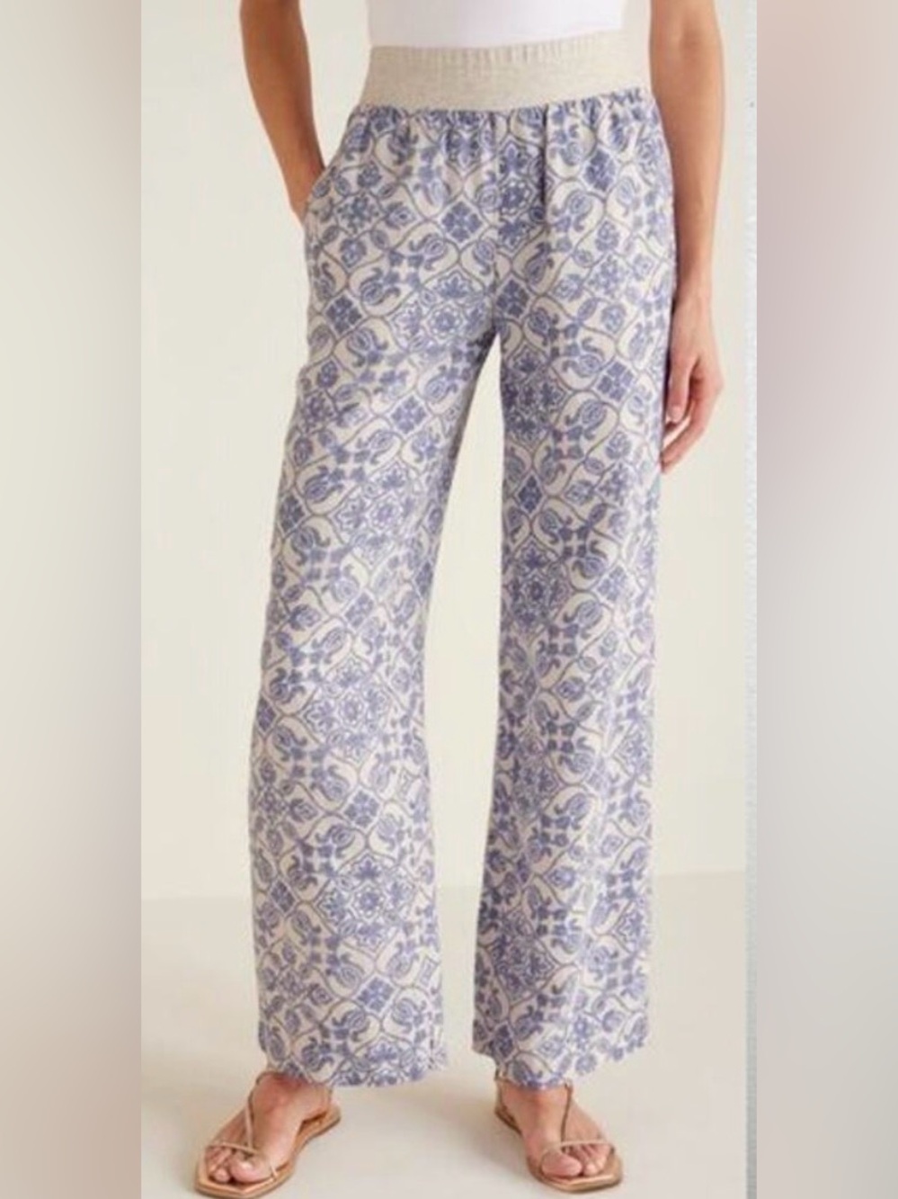 Soft Surroundings Aliso Point Linen Pants Blue Tile Print Size L